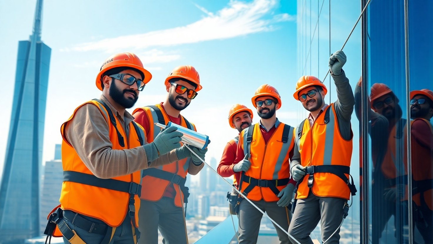 Certified technicians applying premium waterproofing sealant on a Riyadh high-rise – best waterproofing services in Saudi Arabia for commercial and residential properties.